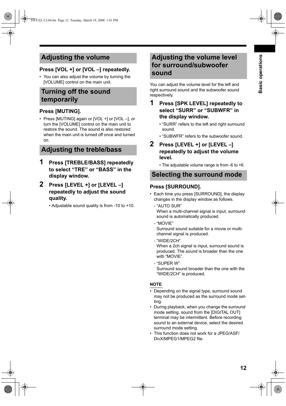 Adjusting the volume, Turning off the sound temporarily, Adjusting the treble/bass | Selecting the surround mode | JVC TH-F3 User Manual | Page 17 / 68
