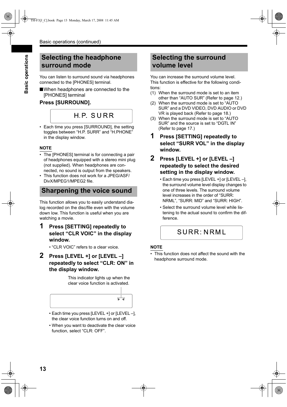 Selecting the headphone surround mode, Sharpening the voice sound, Selecting the surround volume level | JVC TH-F3 User Manual | Page 18 / 68