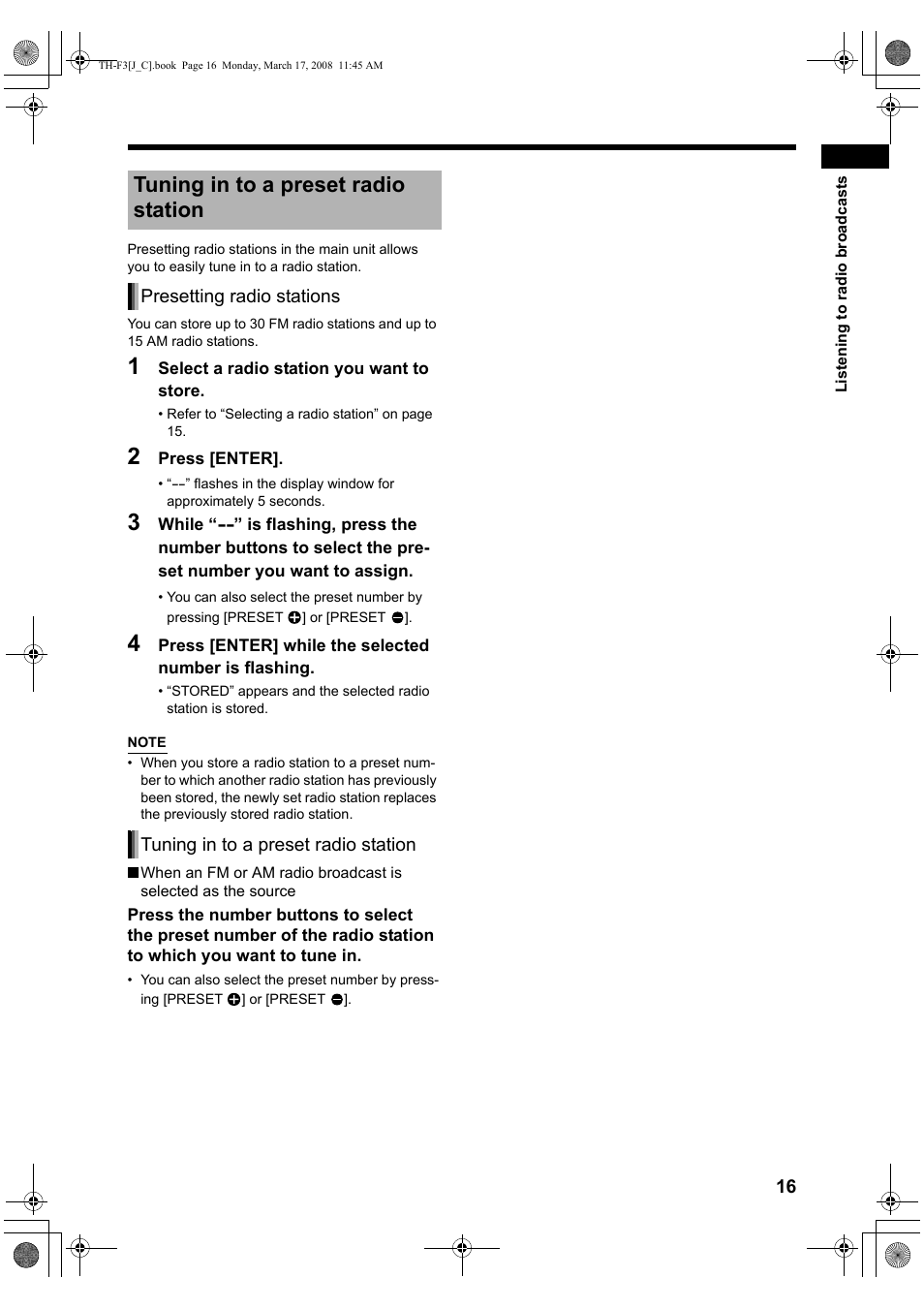 Tuning in to a preset radio station | JVC TH-F3 User Manual | Page 21 / 68