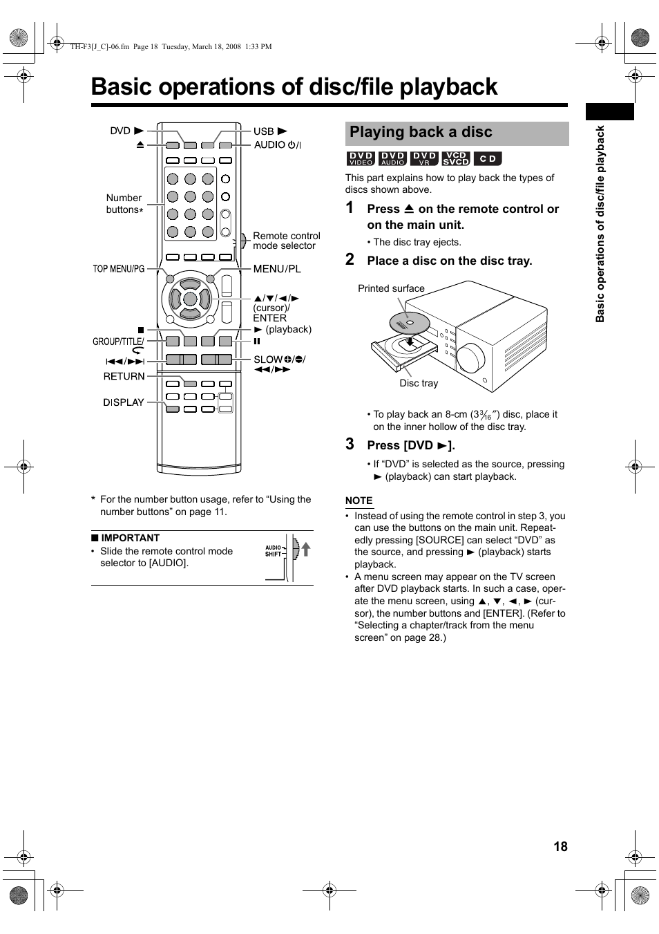 Basic operations of disc/file playback, Playing back a disc | JVC TH-F3 User Manual | Page 23 / 68