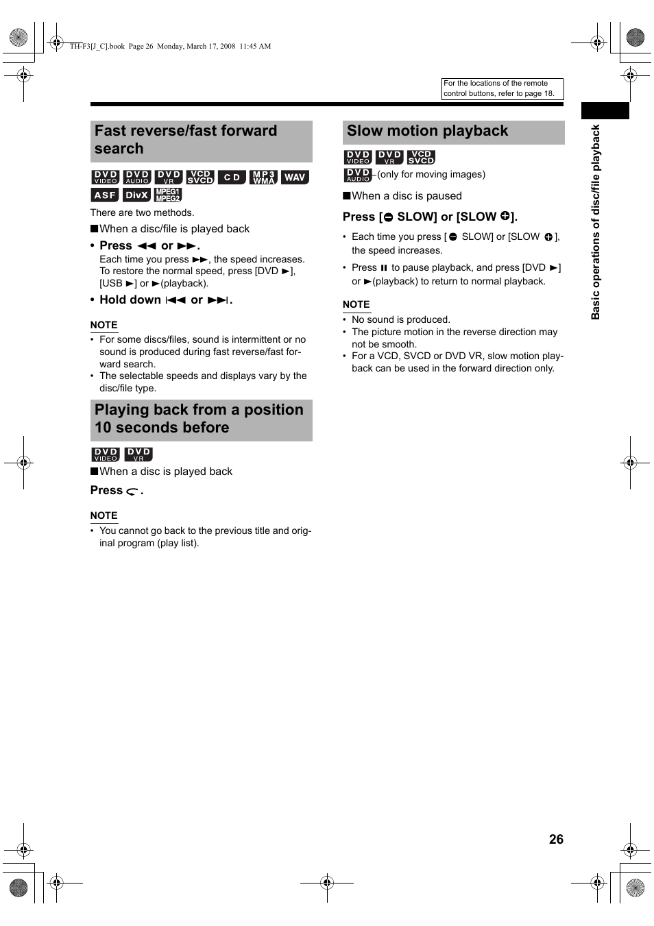 Fast reverse/fast forward search, Playing back from a position 10 seconds before, Slow motion playback | JVC TH-F3 User Manual | Page 31 / 68