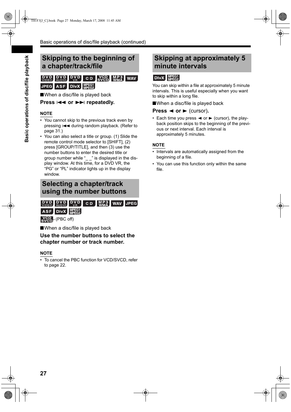 Skipping to the beginning of a chapter/track/file, Selecting a chapter/track using the number buttons, Skipping at approximately 5 minute intervals | JVC TH-F3 User Manual | Page 32 / 68