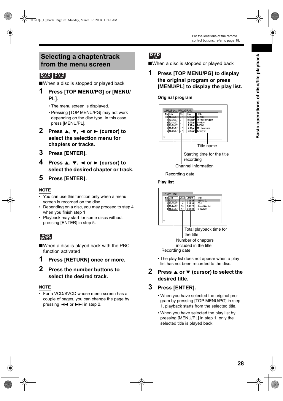Selecting a chapter/track from the menu screen | JVC TH-F3 User Manual | Page 33 / 68