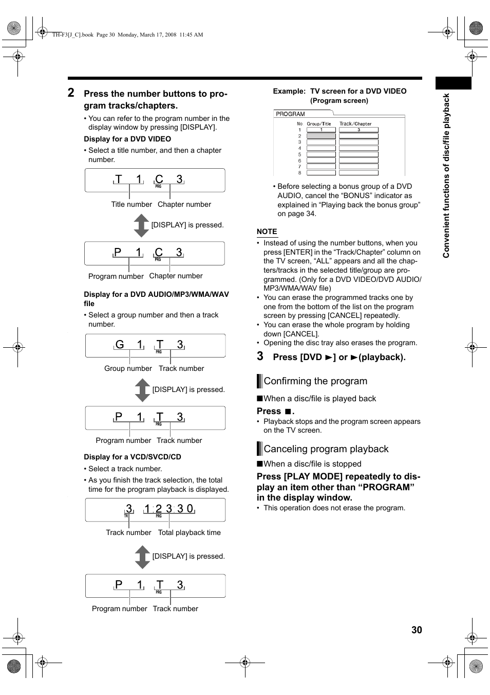Confirming the program canceling program playback | JVC TH-F3 User Manual | Page 35 / 68