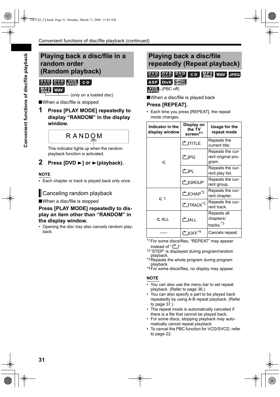 Canceling random playback | JVC TH-F3 User Manual | Page 36 / 68