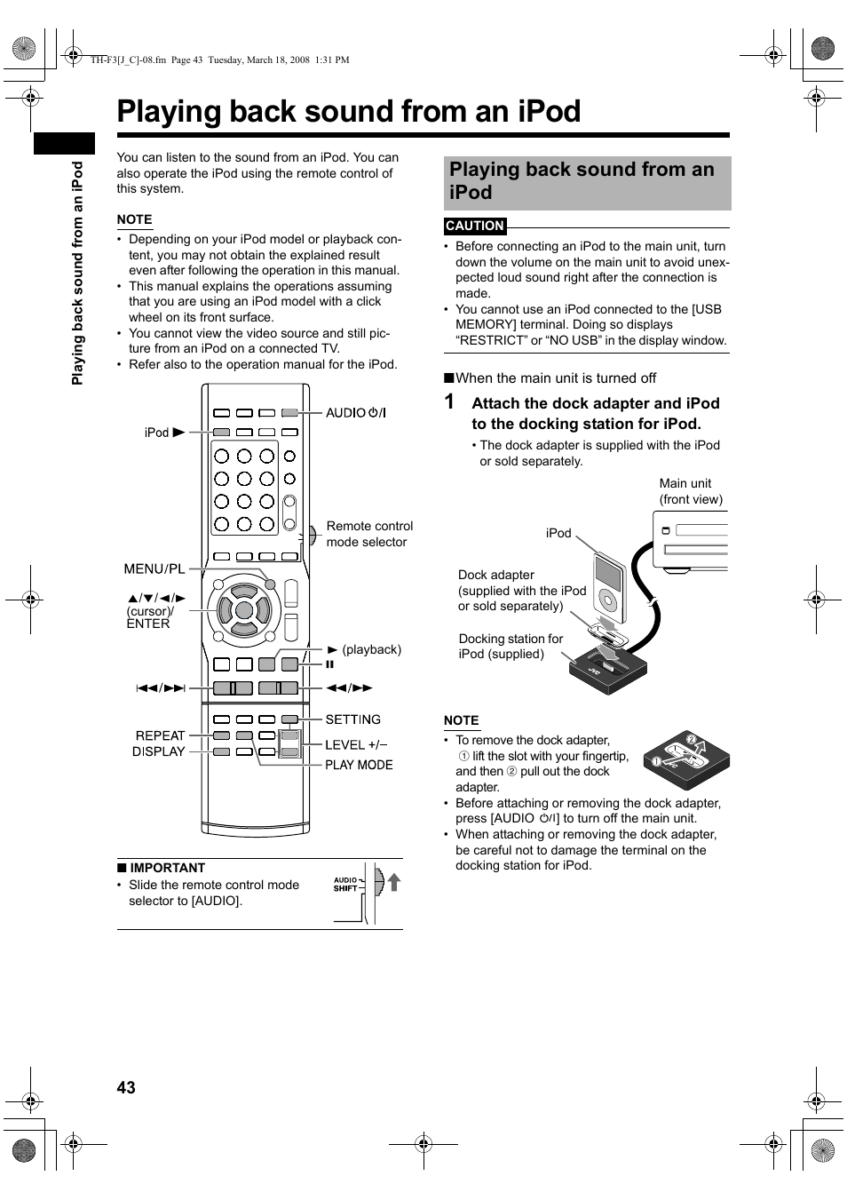 Playing back sound from an ipod | JVC TH-F3 User Manual | Page 48 / 68