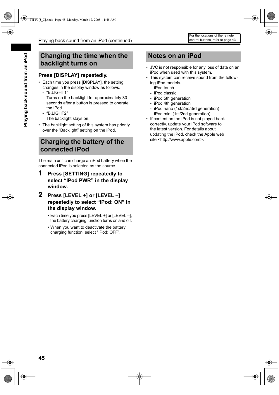 Changing the time when the backlight turns on, Charging the battery of the connected ipod, Notes on an ipod | JVC TH-F3 User Manual | Page 50 / 68