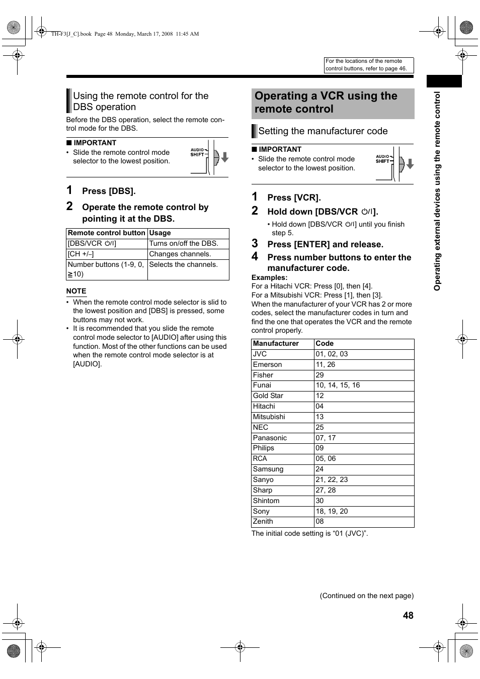 Operating a vcr using the remote control, Using the remote control for the dbs operation, Setting the manufacturer code | JVC TH-F3 User Manual | Page 53 / 68