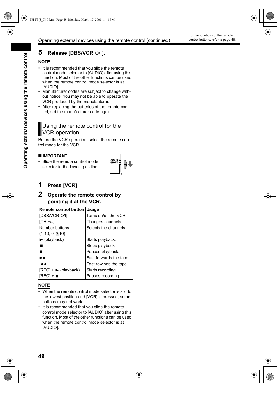 Using the remote control for the vcr operation | JVC TH-F3 User Manual | Page 54 / 68