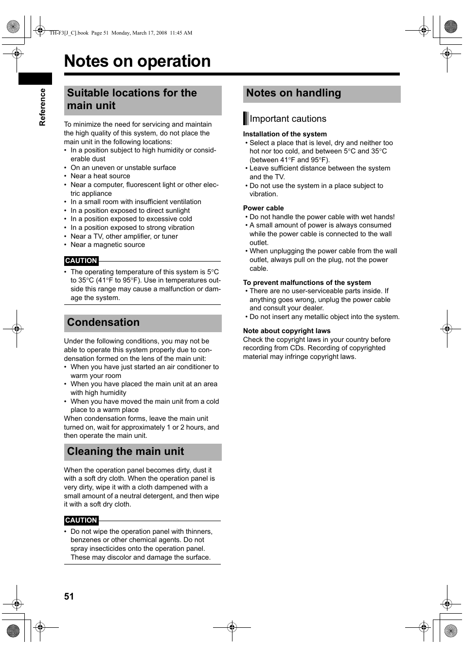 Reference, Notes on operation, Suitable locations for the main unit | Condensation, Cleaning the main unit, Notes on handling, Important cautions | JVC TH-F3 User Manual | Page 56 / 68