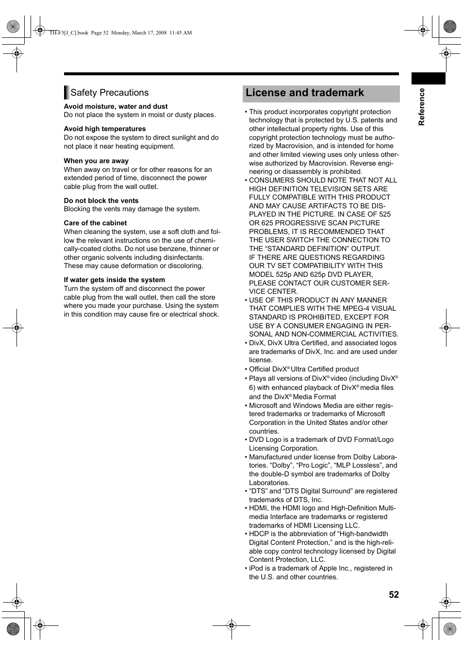 License and trademark, Safety precautions | JVC TH-F3 User Manual | Page 57 / 68