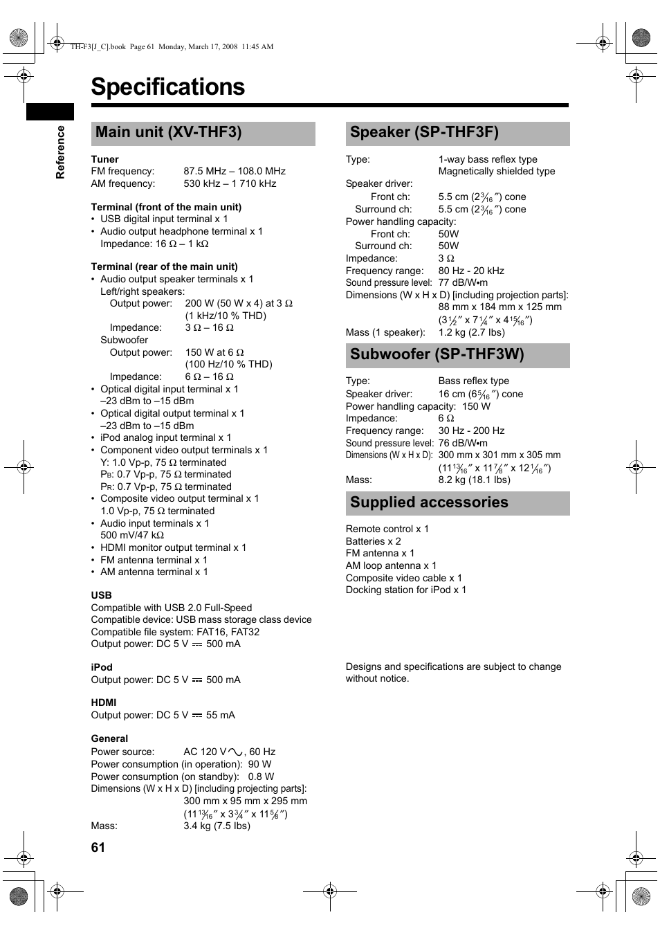 Specifications, Main unit (xv-thf3) | JVC TH-F3 User Manual | Page 66 / 68
