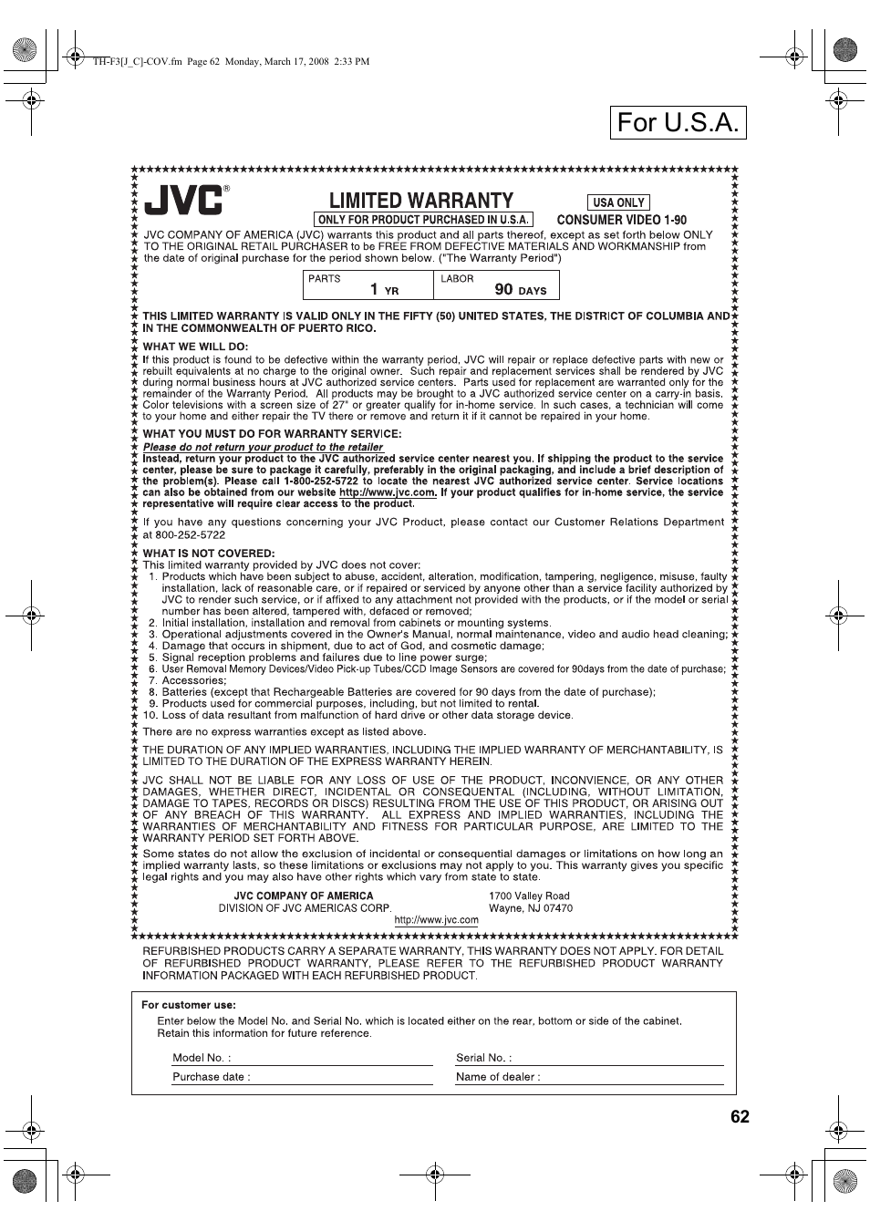 For u.s.a | JVC TH-F3 User Manual | Page 67 / 68