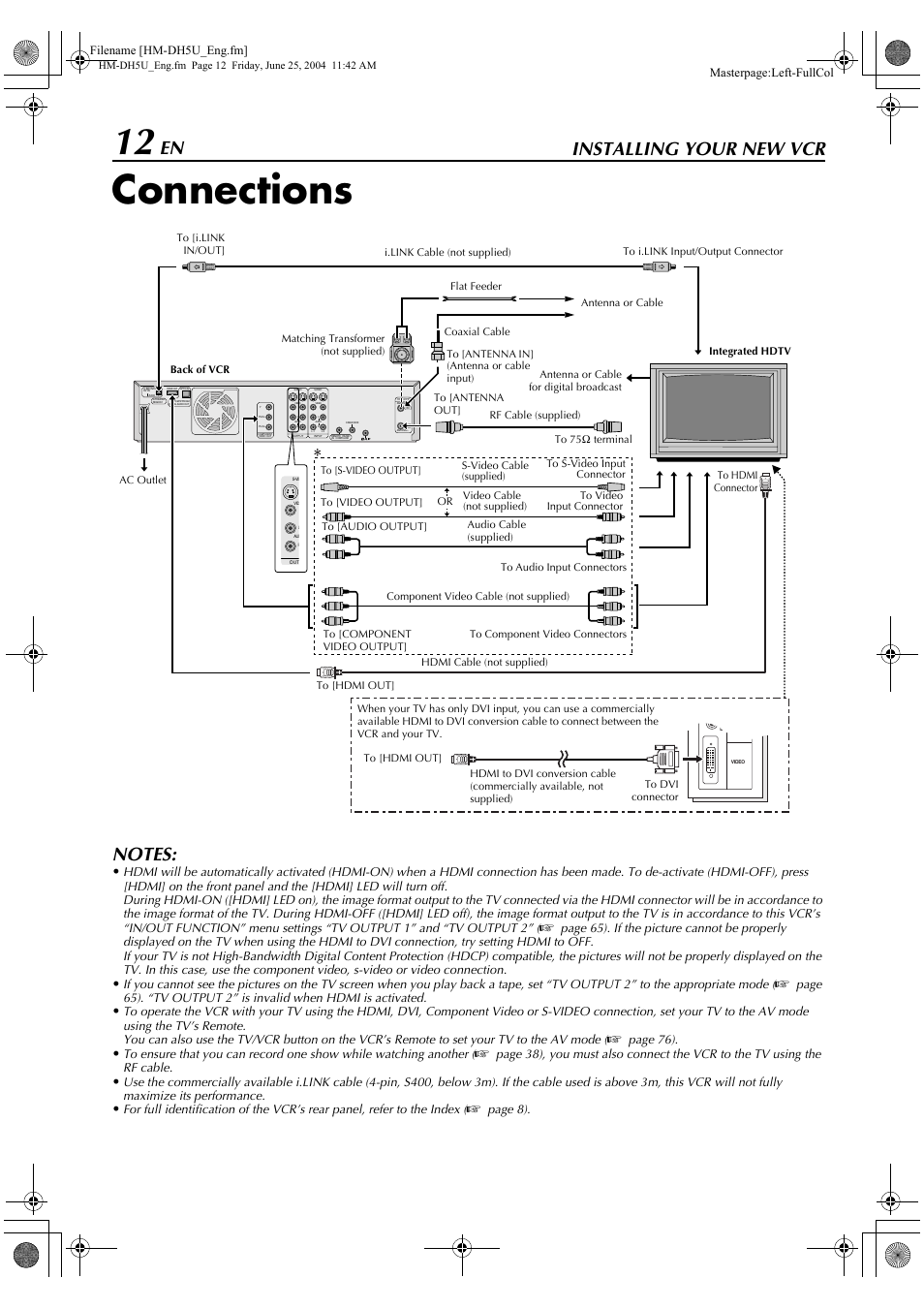 Installing your new vcr, Connections | JVC HD-DH5US User Manual | Page 12 / 92