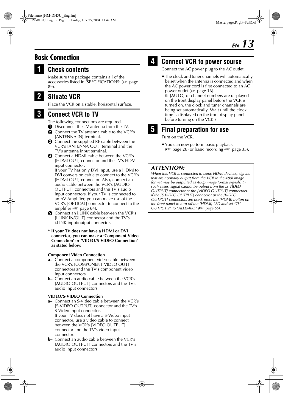 Basic connection, Check contents, Situate vcr | Connect vcr to tv, Connect vcr to power source, Final preparation for use | JVC HD-DH5US User Manual | Page 13 / 92