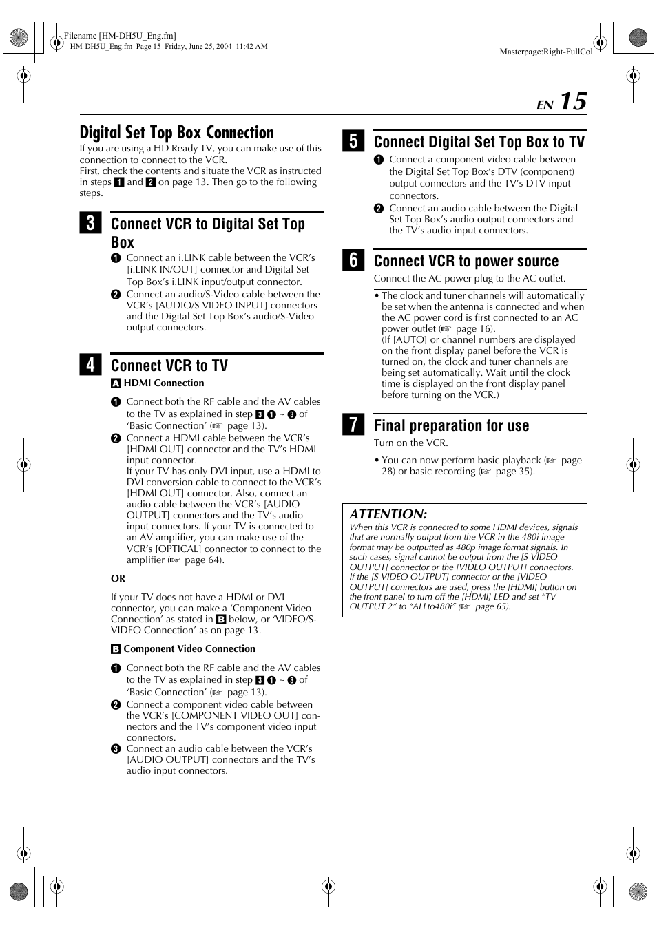 Digital set top box connection, Connect vcr to digital set top box, Connect vcr to tv | Connect digital set top box to tv, Connect vcr to power source, Final preparation for use | JVC HD-DH5US User Manual | Page 15 / 92