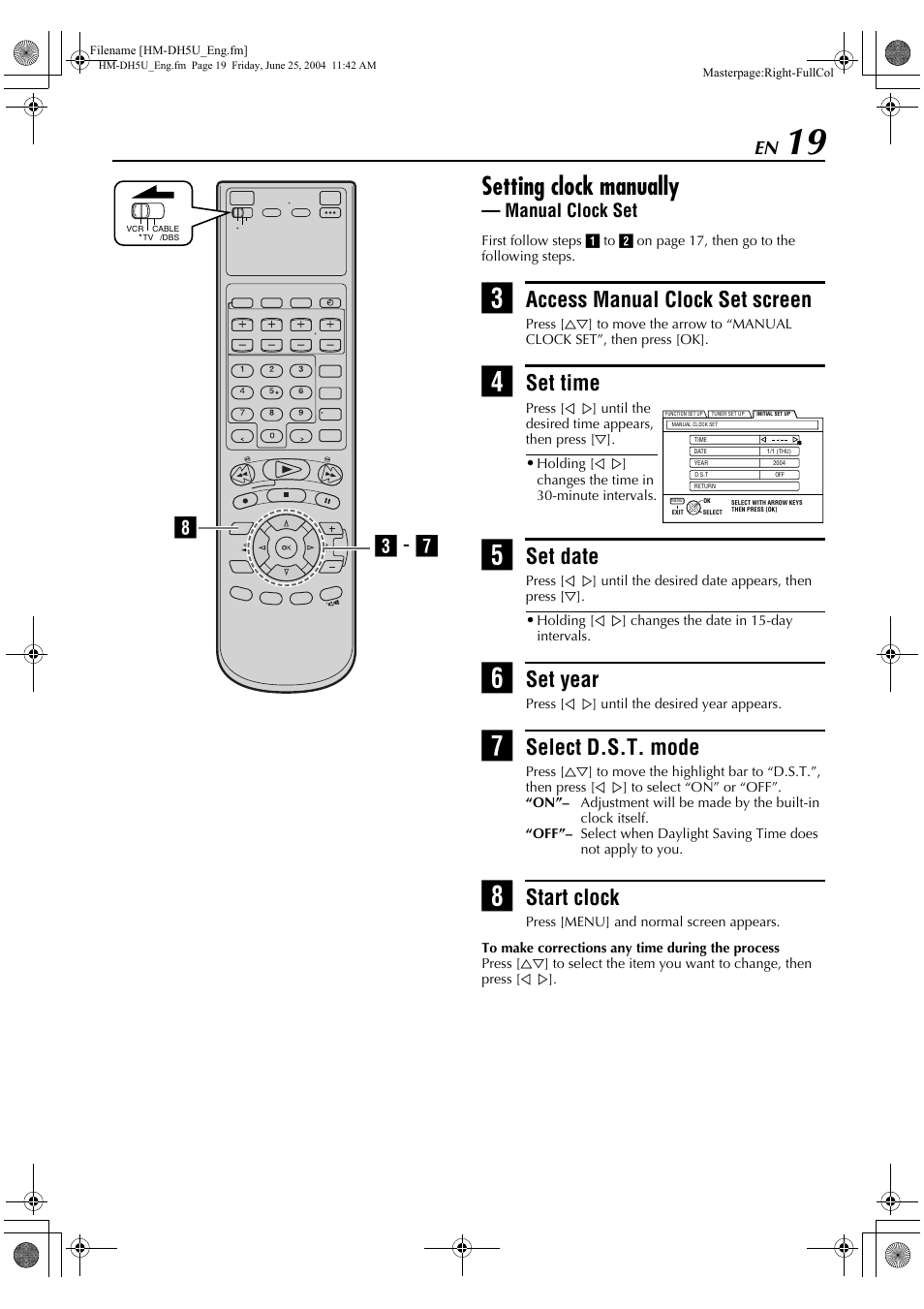 Setting clock manually — manual clock set, Setting clock manually, Access manual clock set screen | Set time, Set date, Set year, Select d.s.t. mode, Start clock, Hc - g, Manual clock set | JVC HD-DH5US User Manual | Page 19 / 92