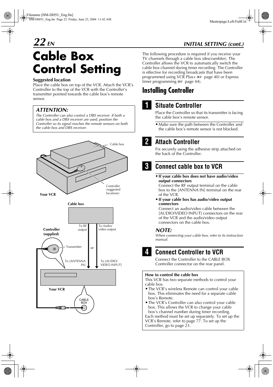 Cable box control setting, Installing controller, Situate controller | Attach controller, Connect cable box to vcr, Connect controller to vcr | JVC HD-DH5US User Manual | Page 22 / 92
