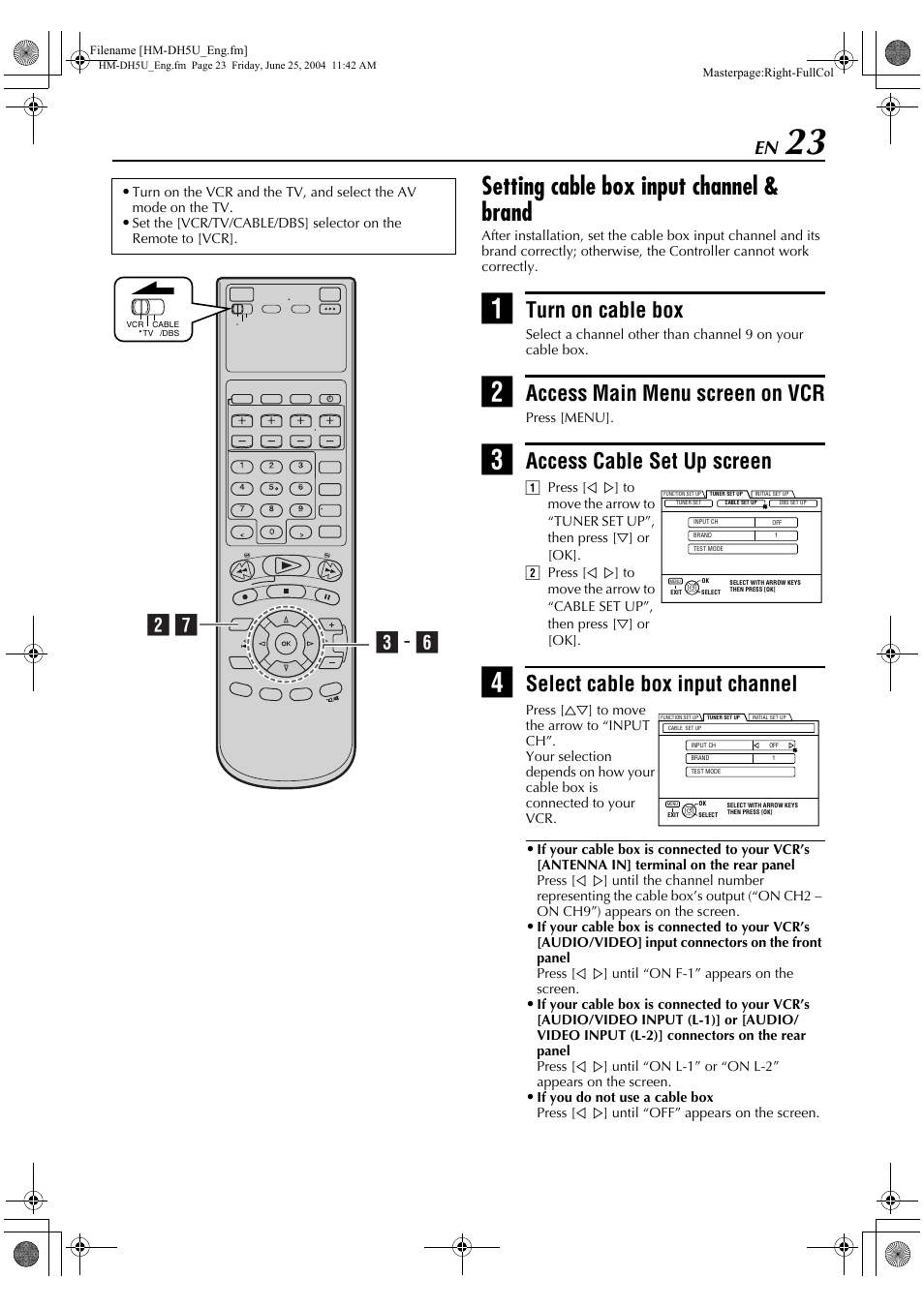 Setting cable box input channel & brand, Turn on cable box, Access main menu screen on vcr | Access cable set up screen, Select cable box input channel, B g c - f | JVC HD-DH5US User Manual | Page 23 / 92