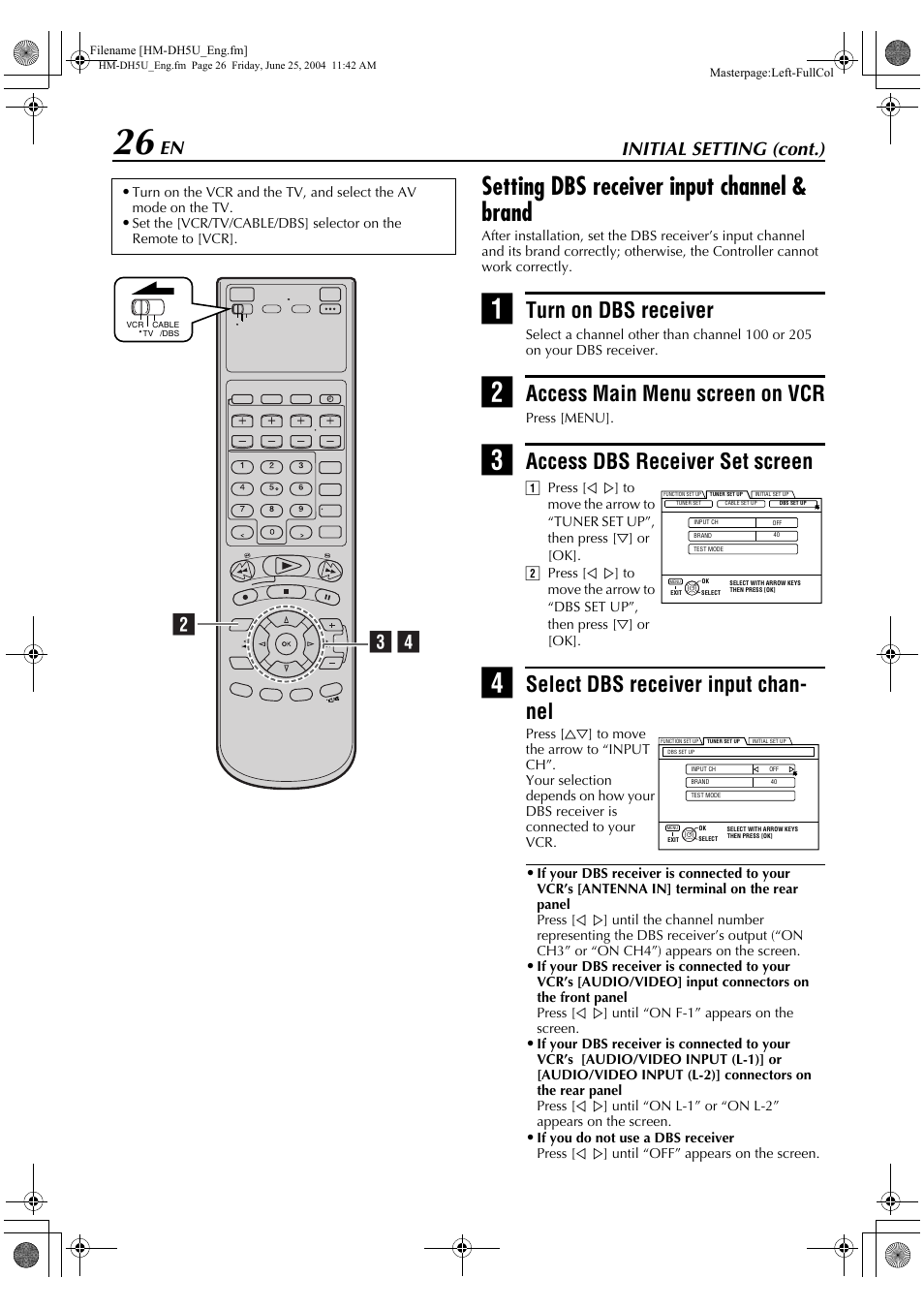 Setting dbs receiver input channel & brand, Turn on dbs receiver, Access main menu screen on vcr | Access dbs receiver set screen, Select dbs receiver input chan- nel, Bc d, Initial setting (cont.) | JVC HD-DH5US User Manual | Page 26 / 92