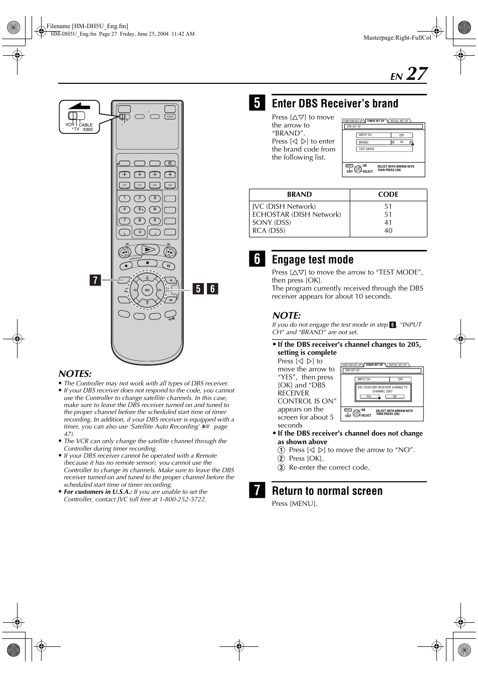 Enter dbs receiver’s brand, Engage test mode, Return to normal screen | Ge f | JVC HD-DH5US User Manual | Page 27 / 92