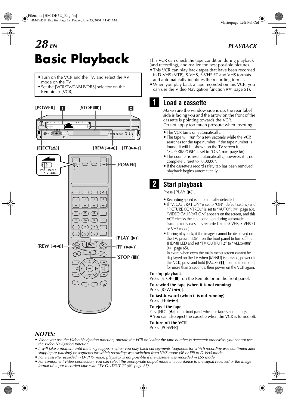 Playback, Basic playback, Load a cassette | Start playback | JVC HD-DH5US User Manual | Page 28 / 92