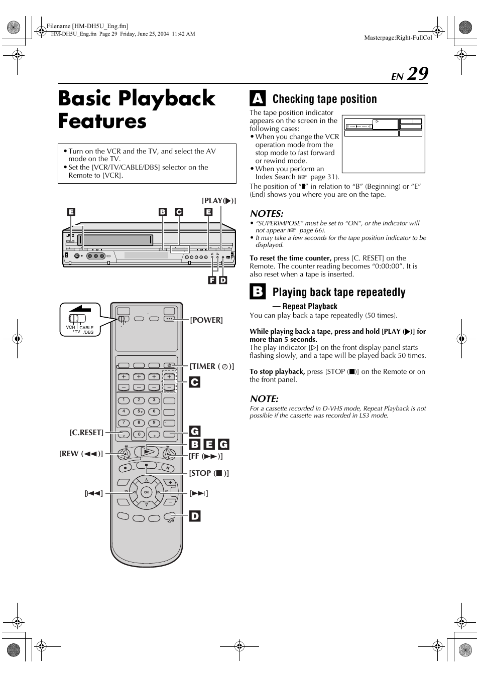 Basic playback features, Checking tape position, Playing back tape repeatedly — repeat playback | Playing back tape repeatedly | JVC HD-DH5US User Manual | Page 29 / 92