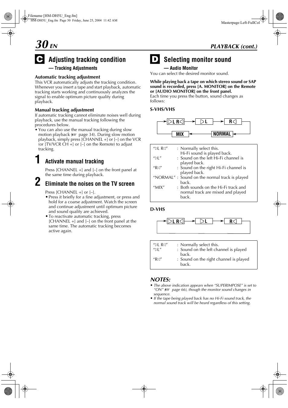 Selecting monitor sound — audio monitor, Adjusting tracking condition, Selecting monitor sound | JVC HD-DH5US User Manual | Page 30 / 92