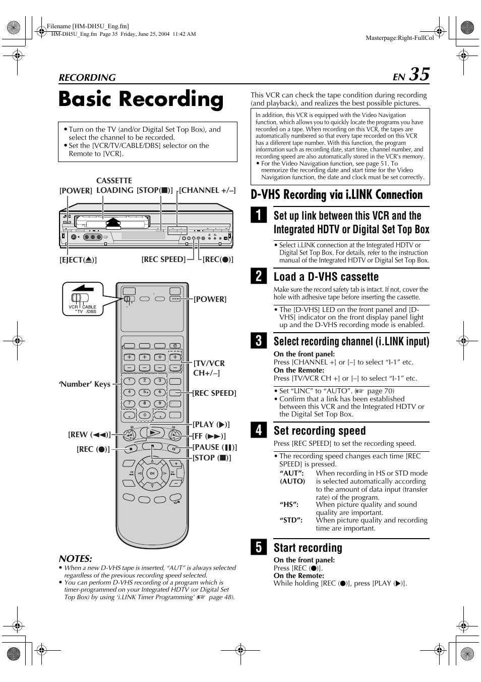 Recording, Basic recording, D-vhs recording via i.link connection | Load a d-vhs cassette, Select recording channel (i.link input), Set recording speed, Start recording | JVC HD-DH5US User Manual | Page 35 / 92