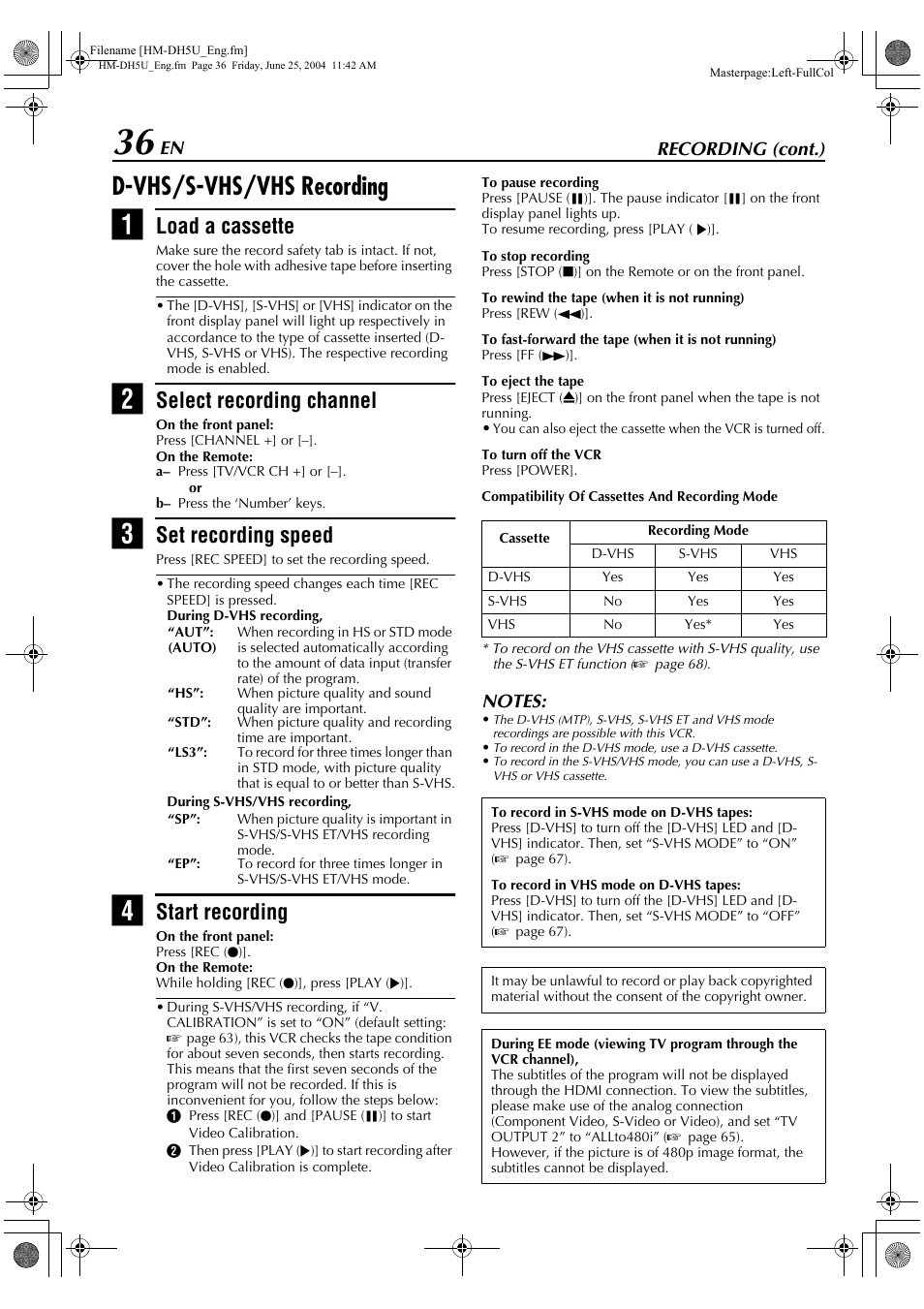 D-vhs/s-vhs/vhs recording, Load a cassette, Select recording channel | Set recording speed, Start recording | JVC HD-DH5US User Manual | Page 36 / 92