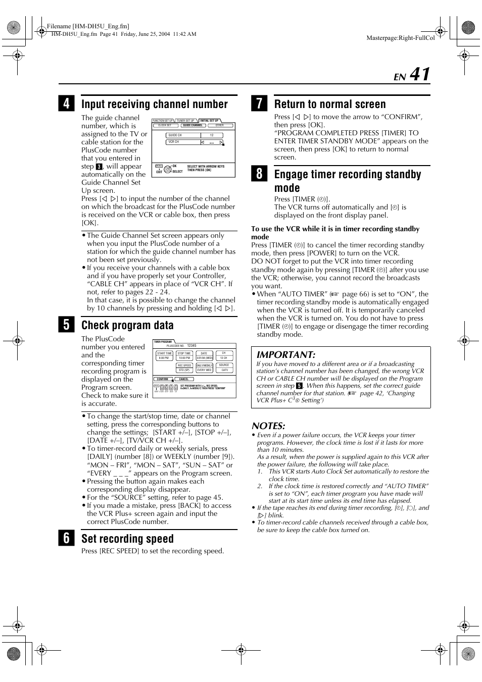 Input receiving channel number, Check program data, Set recording speed | Return to normal screen, Engage timer recording standby mode, Important | JVC HD-DH5US User Manual | Page 41 / 92