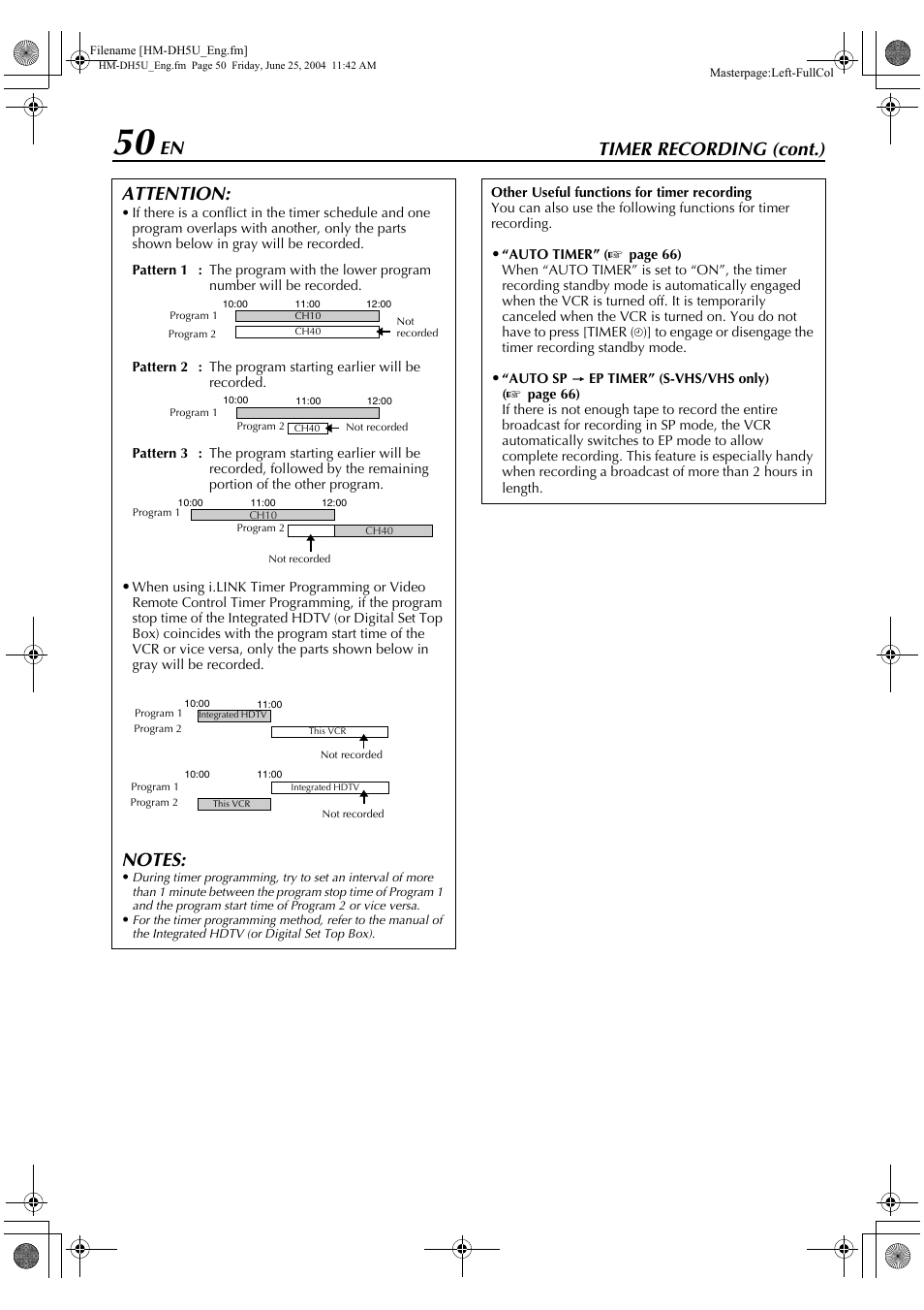 Timer recording (cont.), Attention | JVC HD-DH5US User Manual | Page 50 / 92