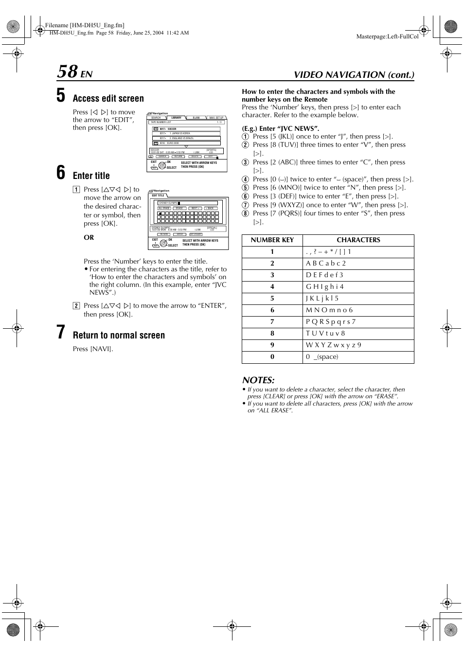 Video navigation (cont.), Access edit screen, Enter title | Return to normal screen | JVC HD-DH5US User Manual | Page 58 / 92