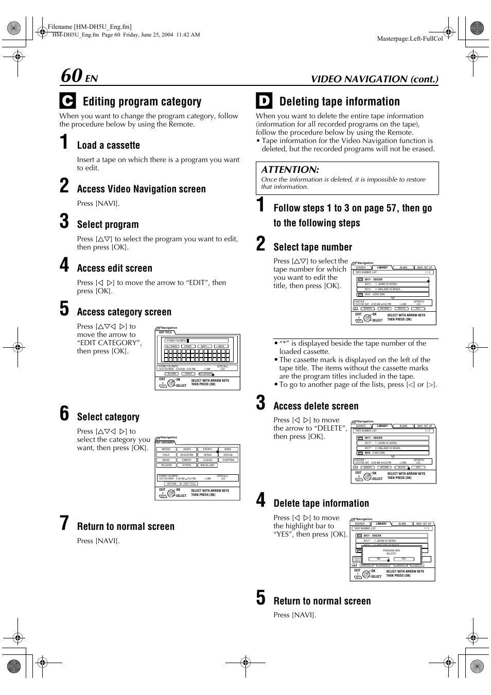 Editing program category, Deleting tape information, Video navigation (cont.) | Load a cassette, Access video navigation screen, Select program, Access edit screen, Access category screen, Select category, Return to normal screen | JVC HD-DH5US User Manual | Page 60 / 92