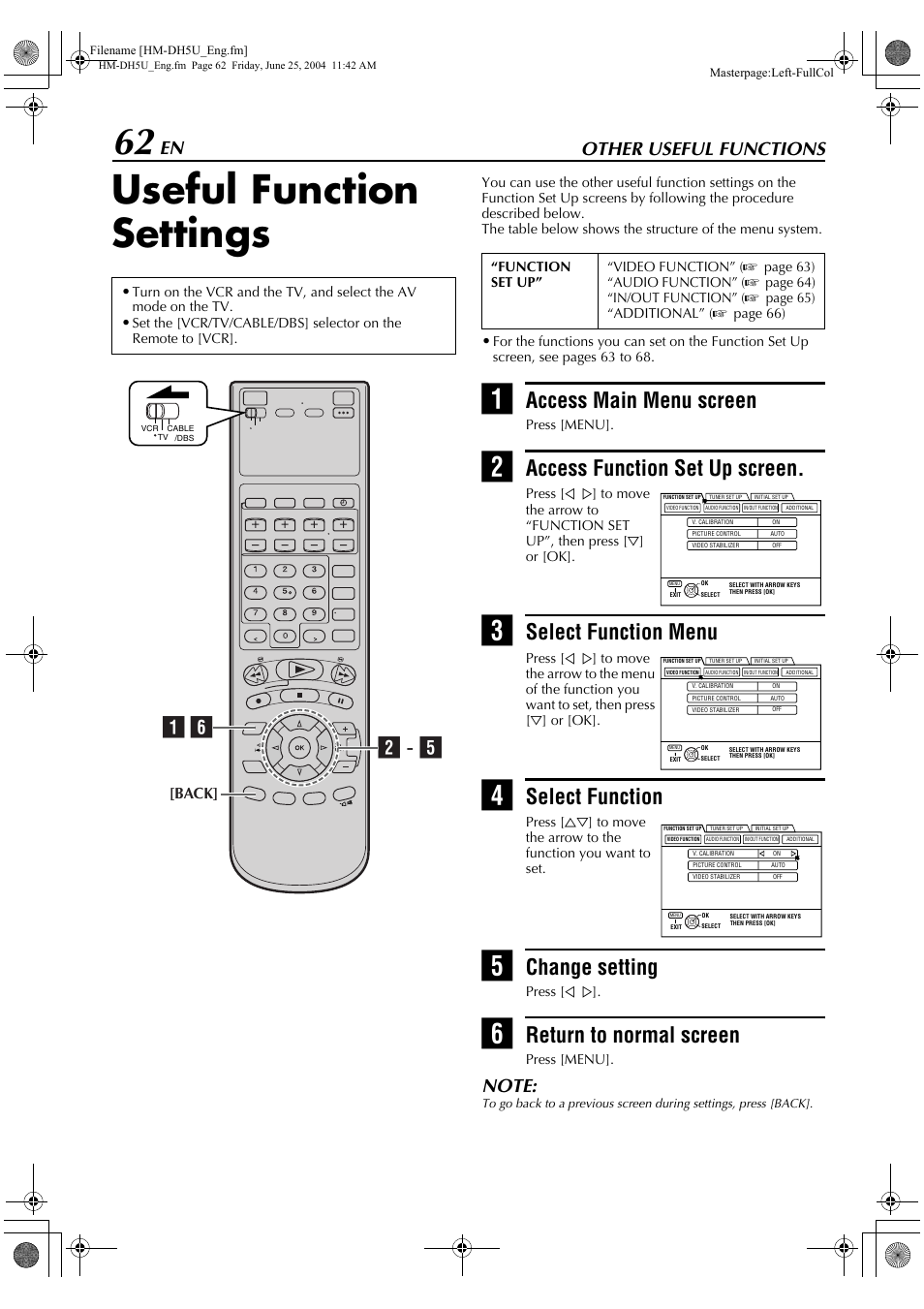 Other useful functions, Useful function settings, Access main menu screen | Access function set up screen, Select function menu, Select function, Change setting, Return to normal screen, Ea f, Back | JVC HD-DH5US User Manual | Page 62 / 92