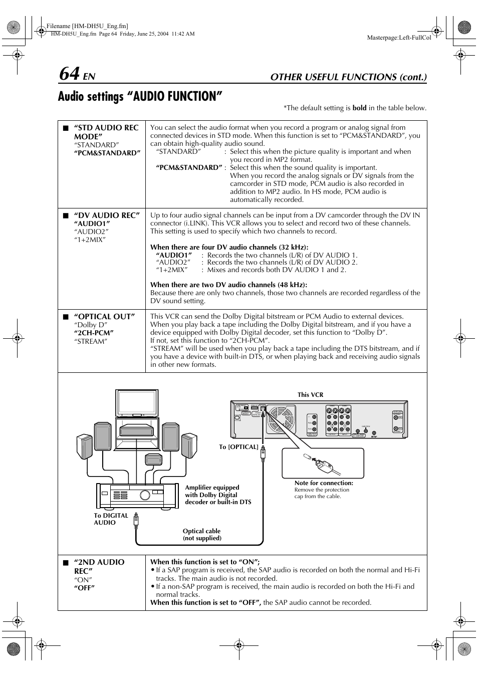 Audio settings “audio function, Other useful functions (cont.), Std audio rec mode | Dv audio rec, Optical out, 2nd audio rec, The default setting is bold in the table below. l, On” “off” when this function is set to “on | JVC HD-DH5US User Manual | Page 64 / 92