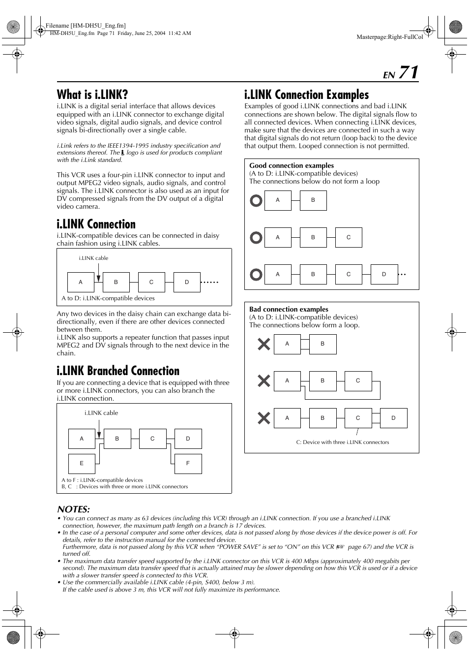 What is i.link, I.link connection, I.link branched connection | I.link connection examples | JVC HD-DH5US User Manual | Page 71 / 92