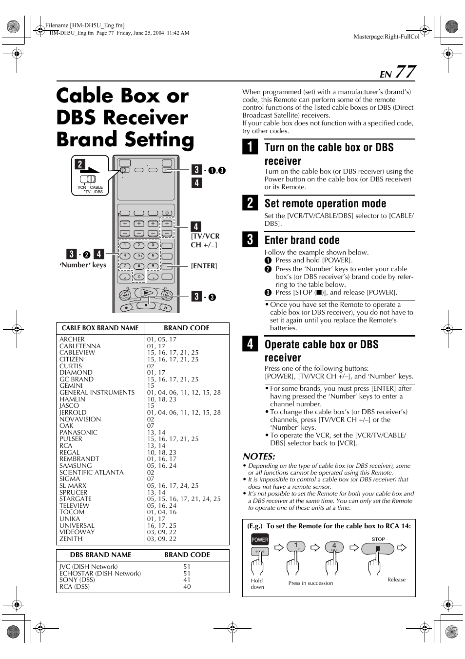 Cable box or dbs receiver brand setting, Turn on the cable box or dbs receiver, Set remote operation mode | Enter brand code, Operate cable box or dbs receiver | JVC HD-DH5US User Manual | Page 77 / 92