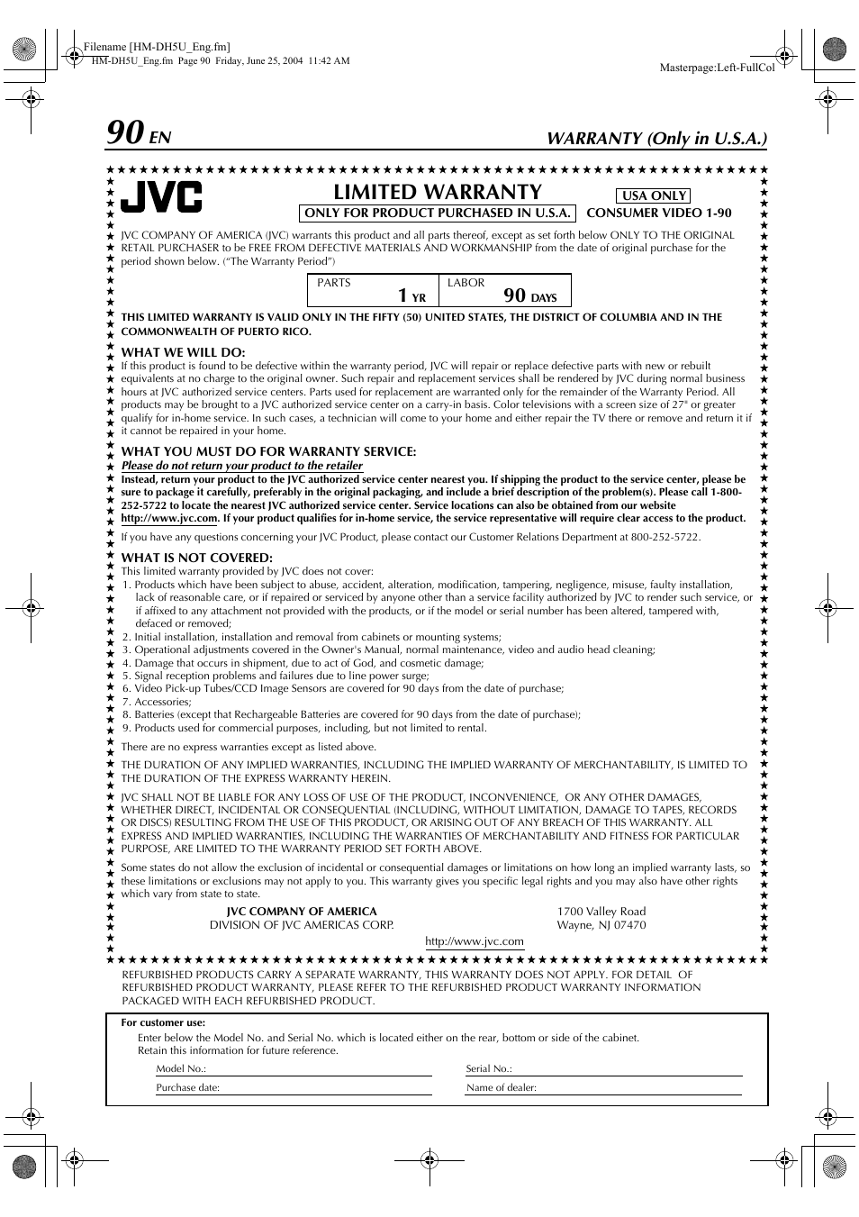 Warranty (only in u.s.a.), Limited warranty | JVC HD-DH5US User Manual | Page 90 / 92