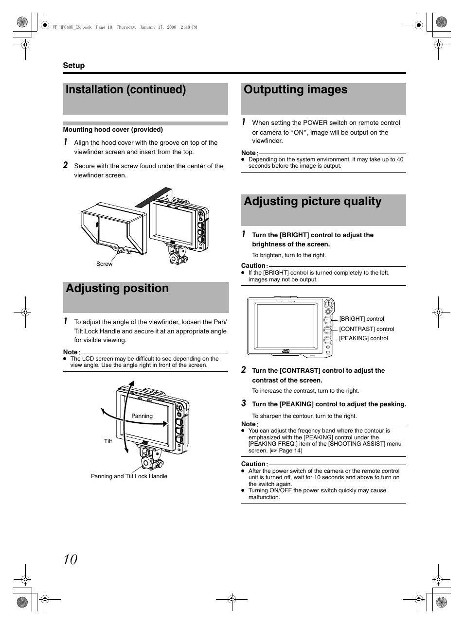 Mounting hood cover (provided), Adjusting position, Outputting images | Adjusting picture quality, Installation (continued) adjusting position, Outputting images adjusting picture quality | JVC ViewFinder VF-HP840U User Manual | Page 10 / 20