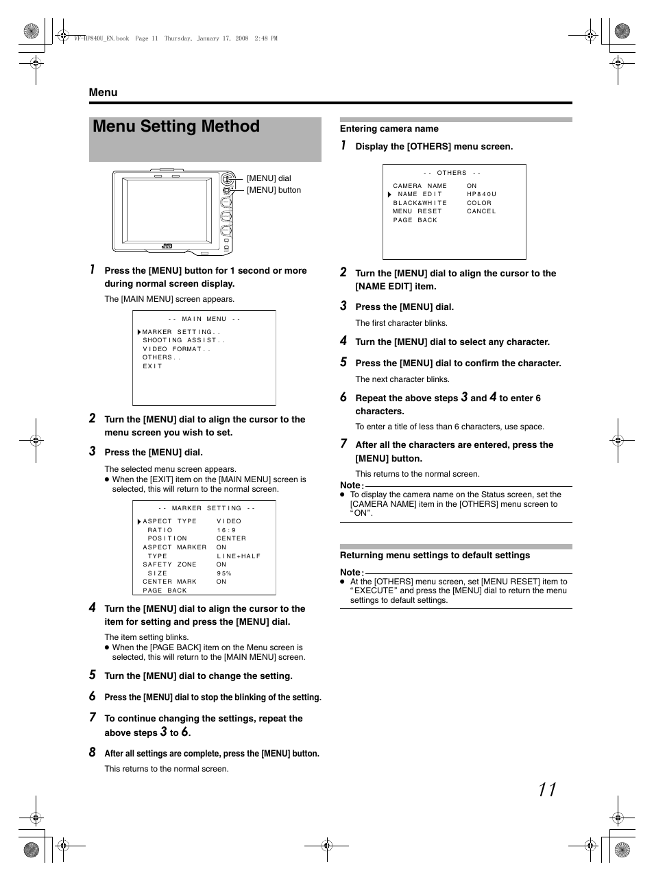 Menu, Menu setting method, Entering camera name | Returning menu settings to default settings | JVC ViewFinder VF-HP840U User Manual | Page 11 / 20