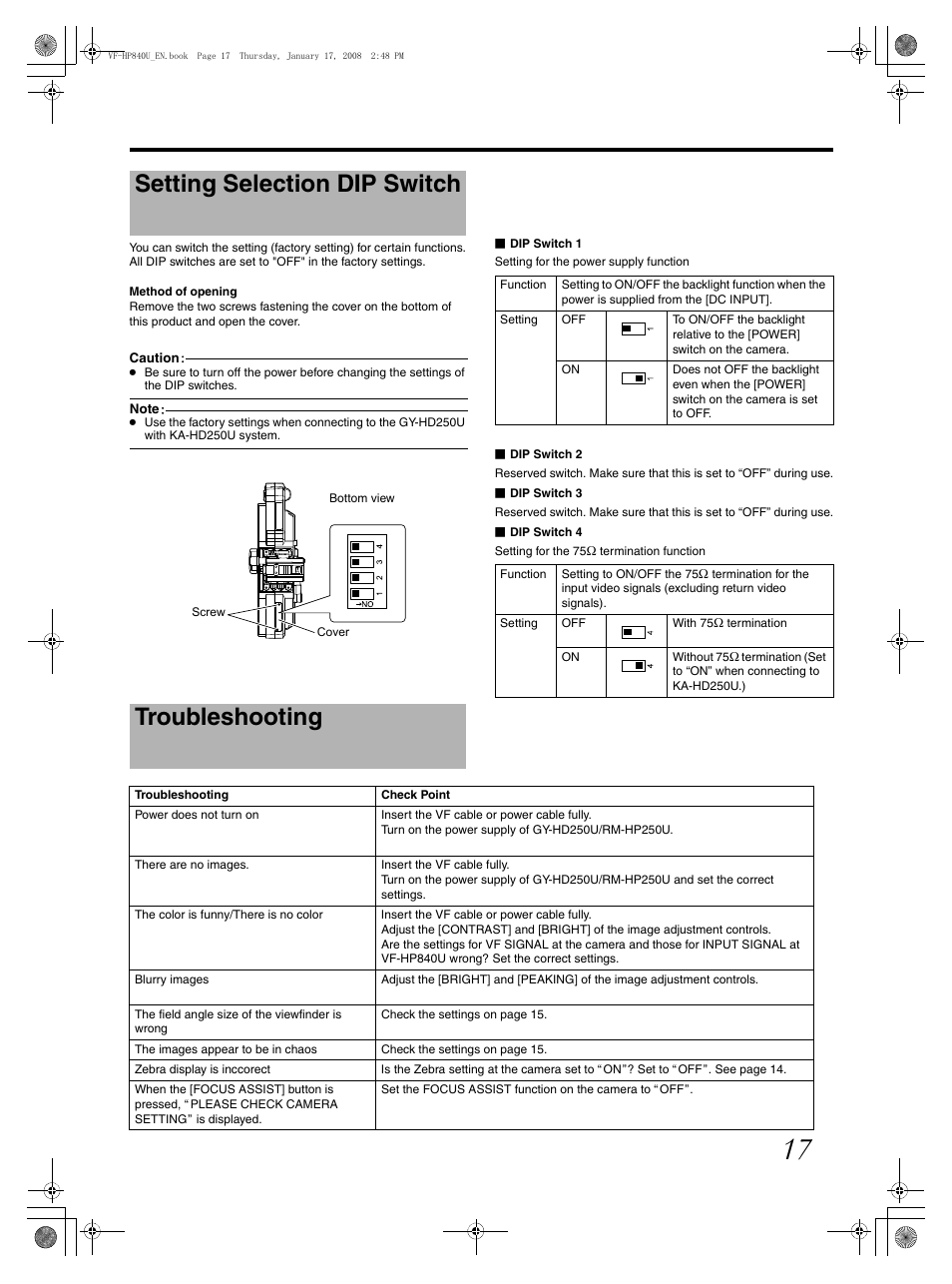Setting selection dip switch, Troubleshooting | JVC ViewFinder VF-HP840U User Manual | Page 17 / 20