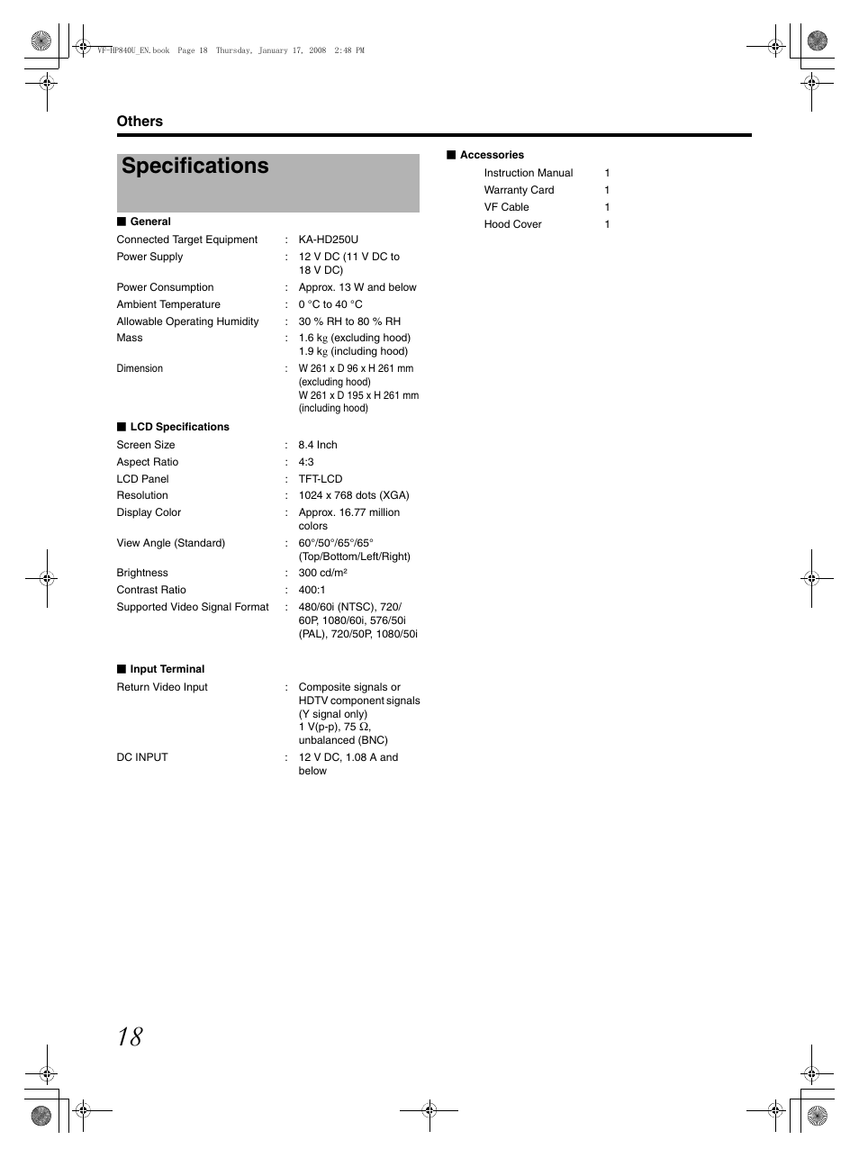 Specifications, Others | JVC ViewFinder VF-HP840U User Manual | Page 18 / 20