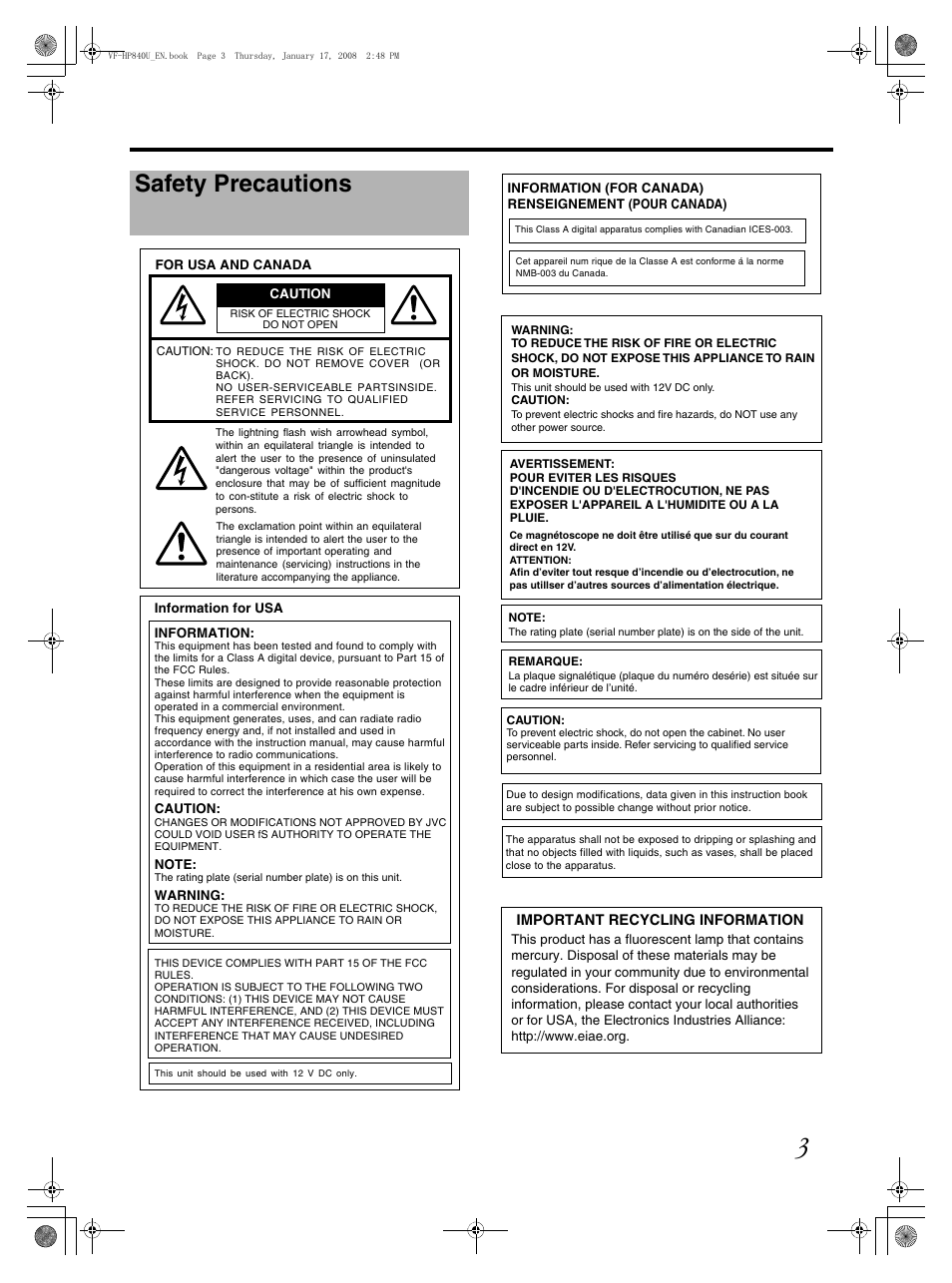 Safety precautions | JVC ViewFinder VF-HP840U User Manual | Page 3 / 20