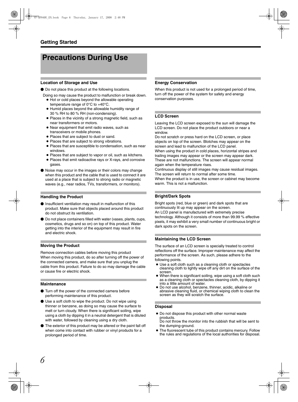 Precautions during use | JVC ViewFinder VF-HP840U User Manual | Page 6 / 20