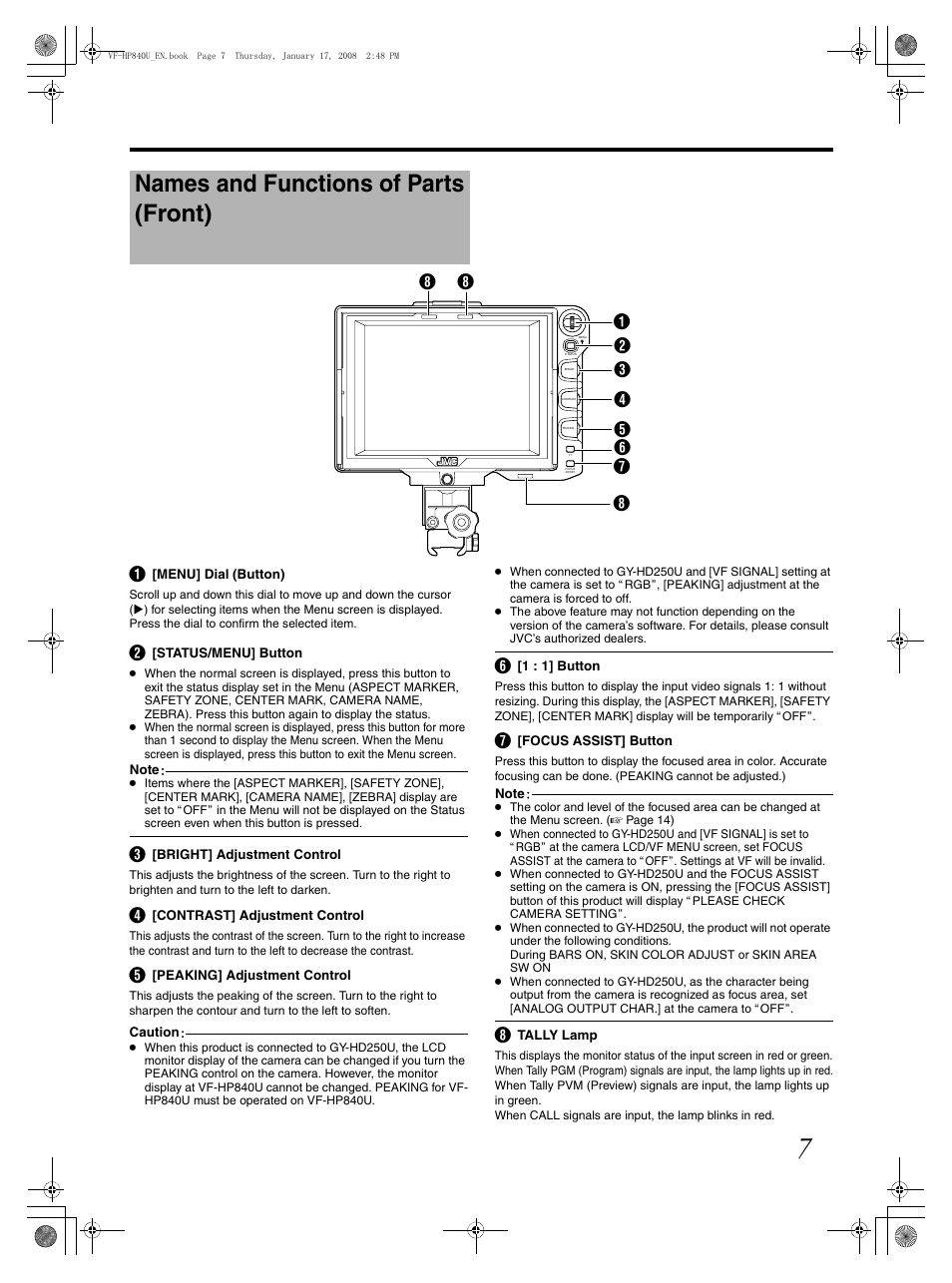 Names and functions of parts, Names and functions of parts (front) | JVC ViewFinder VF-HP840U User Manual | Page 7 / 20