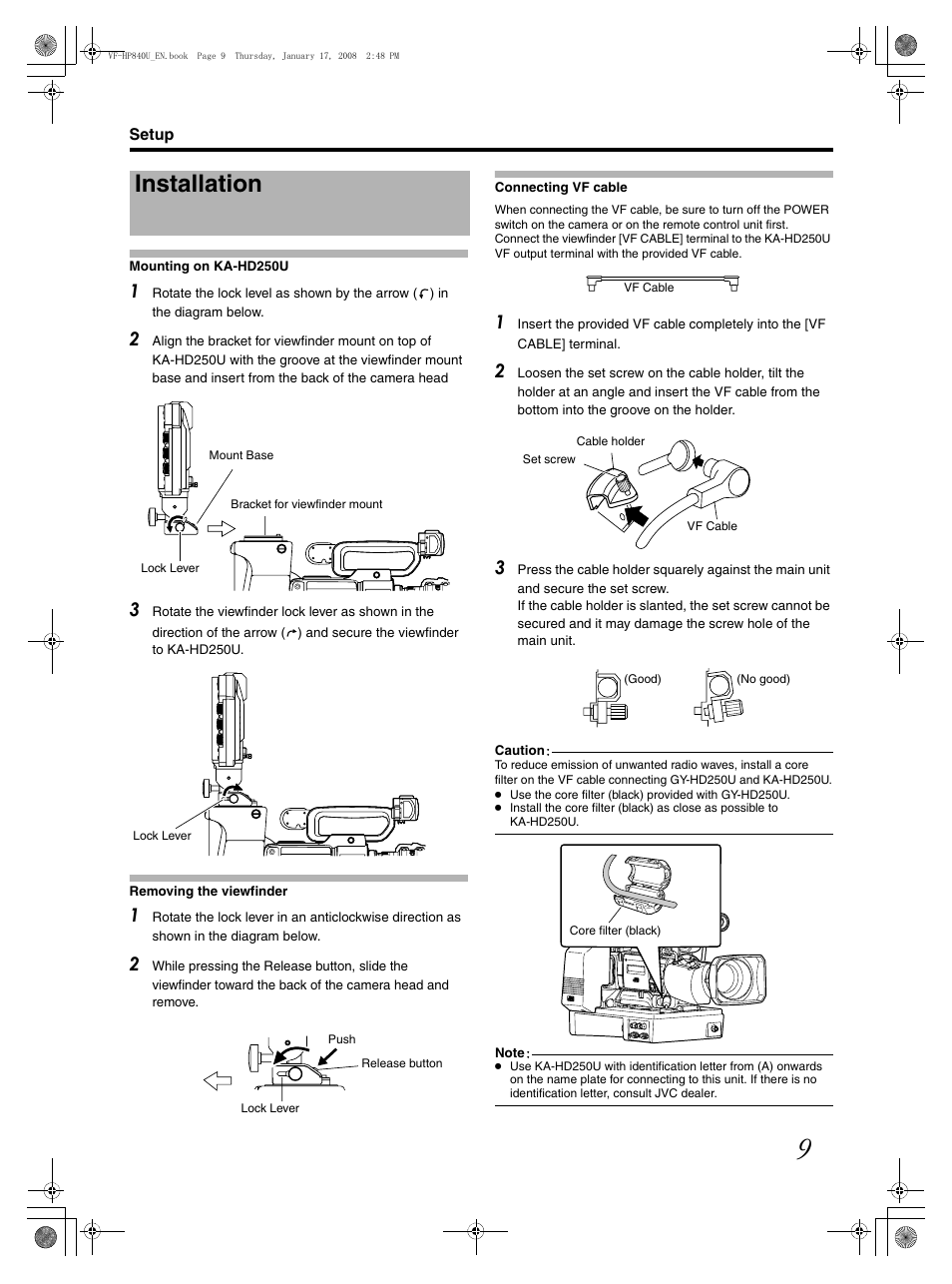 Setup, Installation, Mounting on ka-hd250u | Connecting vf cable | JVC ViewFinder VF-HP840U User Manual | Page 9 / 20