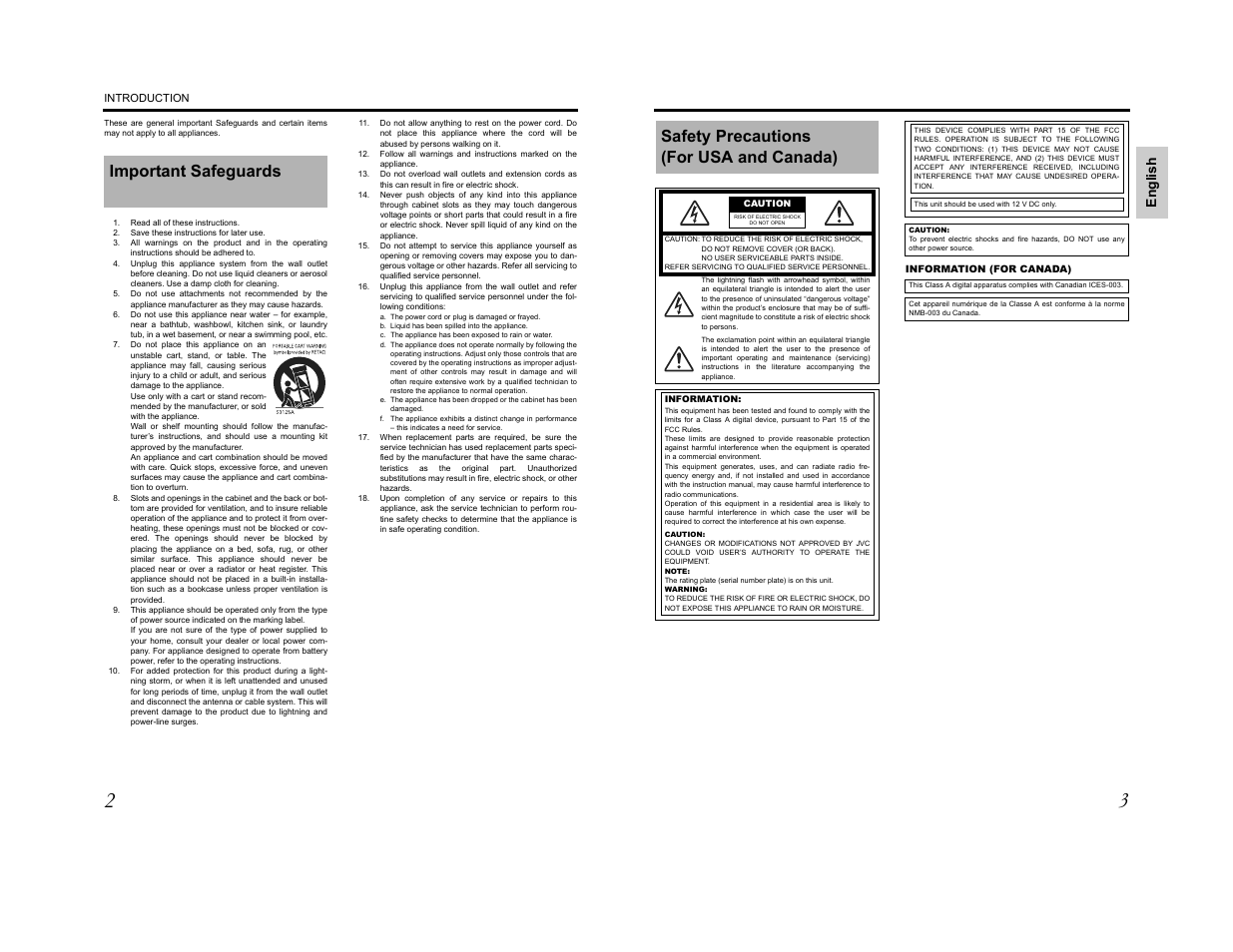 Important safeguards, Safety precautions (for usa and canada), Eng lis h | JVC KA-HD250 User Manual | Page 2 / 36