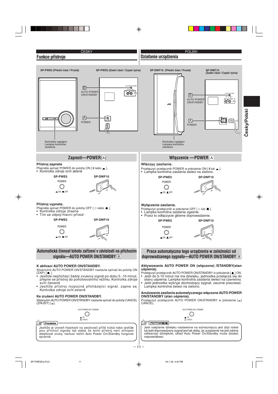 Funkce pﬁístroje dzia∏anie urzàdzenia, Česky/p olski, Zapnutí—power | W∏àczenie —power | JVC SP-DWF10 User Manual | Page 11 / 16