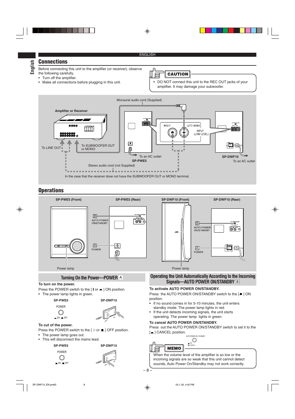 Connections, Operations, English | Turning on the power—power | JVC SP-DWF10 User Manual | Page 8 / 16